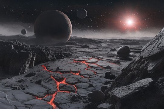 Alien landscape with lava flows on a cracked surface - Powered by Adobe