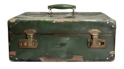 Vintage Green Suitcase: A weathered vintage green suitcase, exuding a sense of classic travel, showcasing its well-worn details, metal clasps, and aged aesthetic.