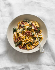 Homemade fettuccine pasta with chicken, sun-dried tomatoes and spinach in cream sauce on a light background
