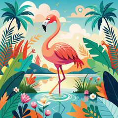 Obraz premium flamingos in the water, a beautiful pink silhouette illustration of wildlife and nature