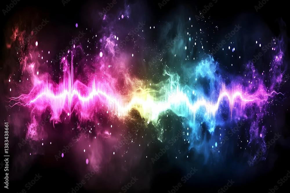 Poster abstract colorful waveform spanning across a dark cosmic background