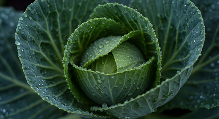 Obraz premium Close Up Of A Dew Covered Cabbage With Beautiful Green Leaves