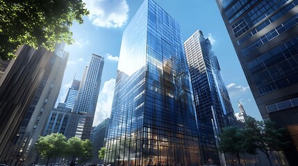 Sun setting behind futuristic business tower with glass facade