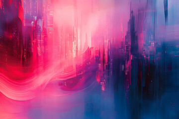 An abstract depiction of a vibrant cityscape with colorful hues