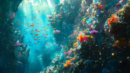 Naklejka premium Vibrant Coral Reef Underwater Scene with Colorful Fish Swimming