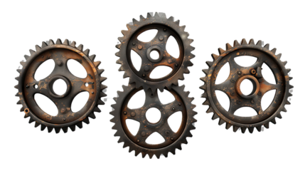 Mechanized Harmony: A close-up shot of an industrial arrangement, with four rusted gears intricately linked, representing teamwork, mechanical structure, and industrial prowess.