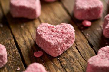 Pink Heart Shaped Valentines Day Candies On A Rustic Wooden Table Ready To Eat