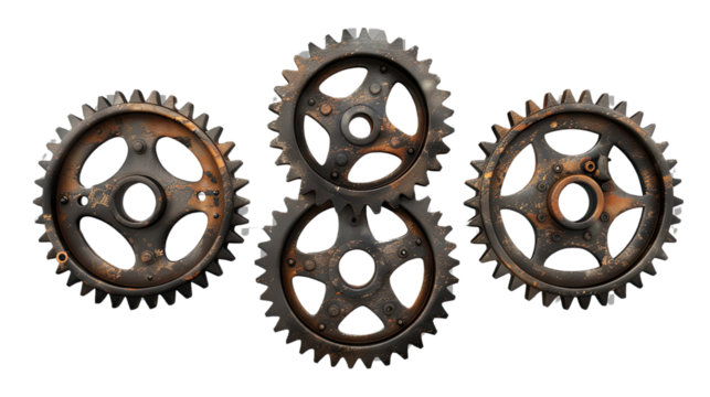 Mechanized Harmony: A close-up shot of an industrial arrangement, with four rusted gears intricately linked, representing teamwork, mechanical structure, and industrial prowess.