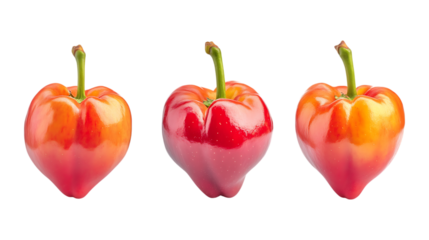 Three ripe heart-shaped cherries with green stems are perfectly isolated on a clean transparent background for easy commercial use.