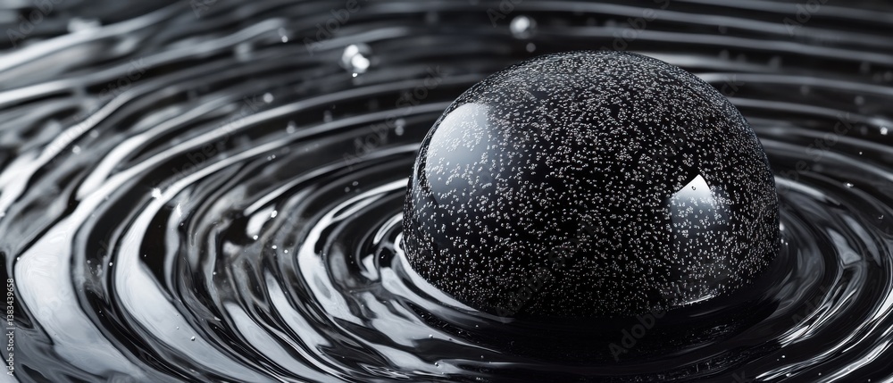 Poster abstract black sphere with bubbles floating in liquid creating ripples, concept of science, physics,
