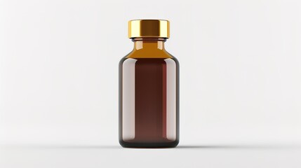 Amber glass bottle featuring a gold screw cap, suitable for pharmaceutical or cosmetic applications, presented isolated on a white background with a touch of generative AI elements. The bottle's elega