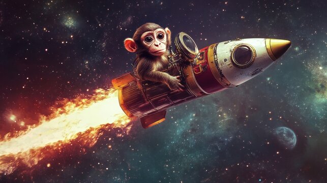 Astronaut Monkey Riding Rocket Ship Launching Through Space, Illustration of Exploration, Science, and Futuristic Adventure.