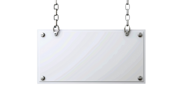 Blank Canvas: A minimalist glass sign suspended by delicate chains, offering a clean slate for creative expression and messaging.