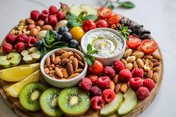 Healthy Charcuterie Board Featuring Fresh Fruits Nuts And Creamy Dip