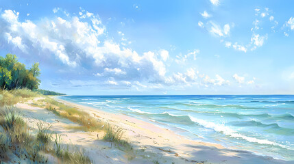 Serene Beach Landscape with Gentle Waves and Blue Sky Background