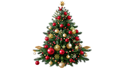 Festive Christmas Tree: An ornamented Christmas tree, sparkling with holiday cheer, decorated with gleaming golden baubles, red ornaments, and a star.