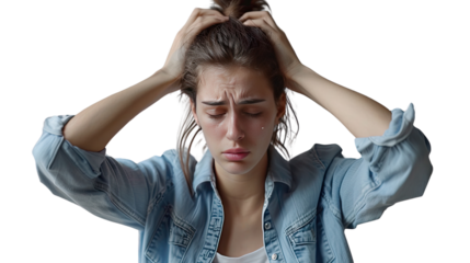Overwhelmed: Portrait of a distressed female, clutching her head in a gesture of anxiety and desperation. Capturing raw emotion in a moment of vulnerability. 