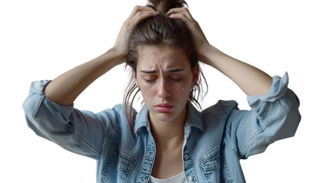 Overwhelmed: Portrait of a distressed female, clutching her head in a gesture of anxiety and desperation. Capturing raw emotion in a moment of vulnerability. 