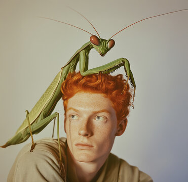 Rudowłosy chłopiec z modliszką na głowie