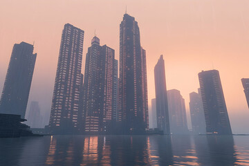 Obraz premium Tall skyscraper city at sunset reflected on tranquil water surface