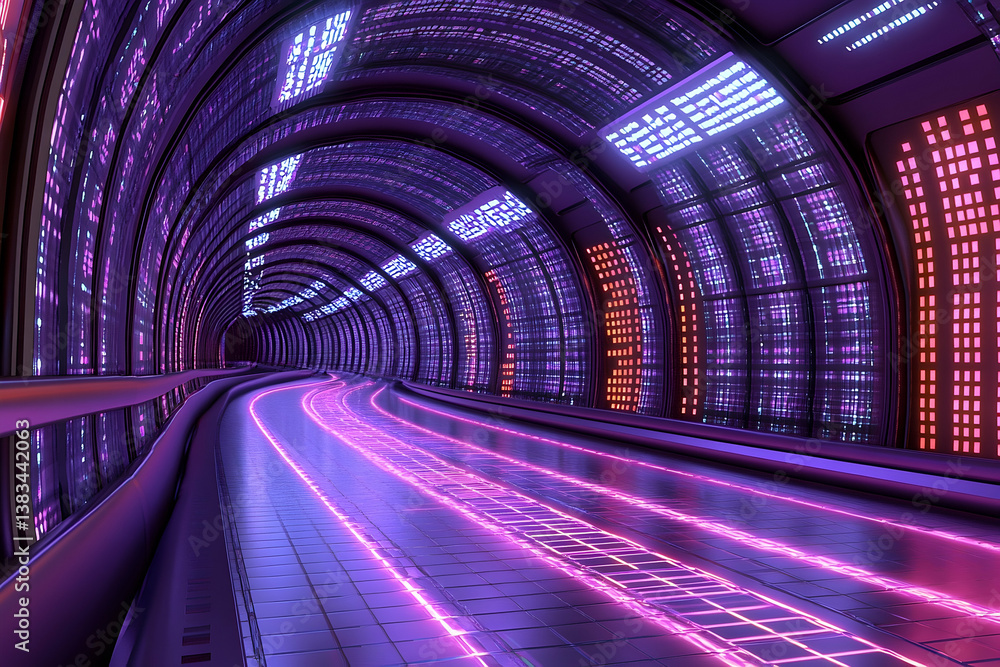 Poster futuristic tunnel displaying light trails and illuminated digital architecture