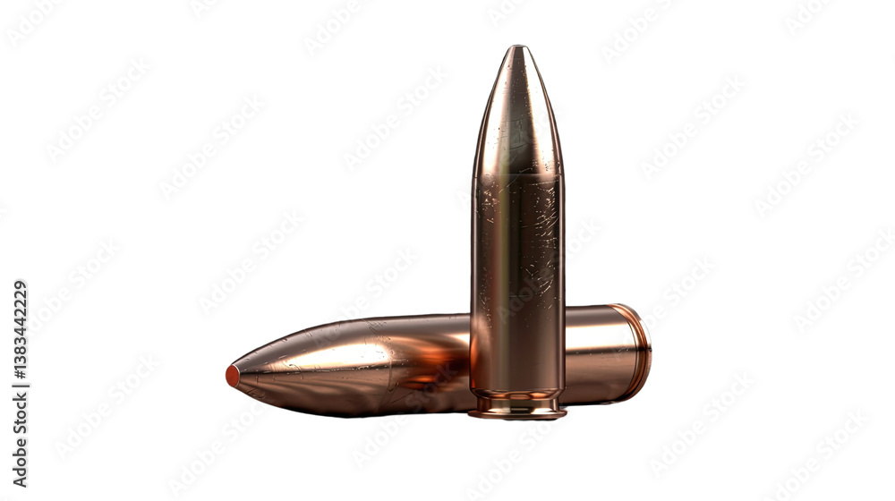 Poster precision in focus: capturing the sharp detail of two rifle bullets against a pristine background, e