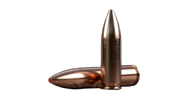 Precision in Focus: Capturing the sharp detail of two rifle bullets against a pristine background, each one a testament to the power of accuracy and the craft of precision.