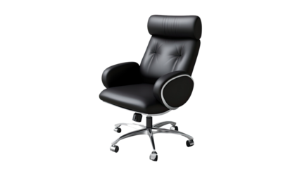 Executive Leather Chair: A close-up view of a sleek, ergonomic, black leather executive chair, meticulously designed for comfort and sophistication, against an airy, neutral background.