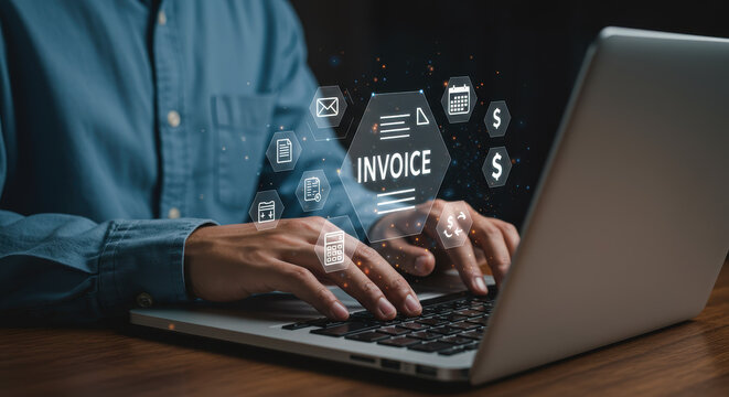 Invoice Management: Streamline Payments & Accounting with Digital Tools. Efficient Billing, Online Processing, & Financial Control on Laptop