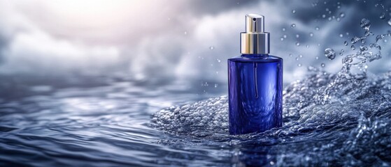 Elegant blue perfume bottle with silver cap surrounded by splashing water, showcasing fragrance and freshness in a dynamic, aquatic environment