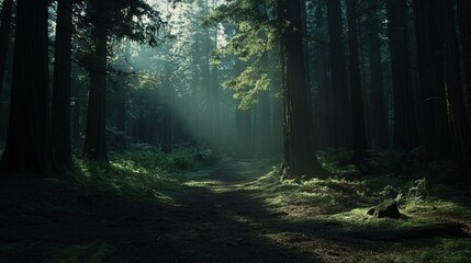 Fototapeta premium A tranquil forest pathway bathed in radiant sunlight and shadow