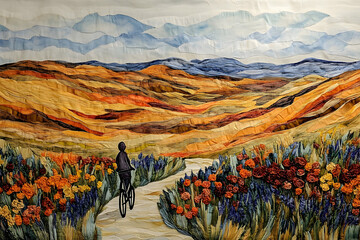 A person rides bicycle through a colorful mountainous landscape scene