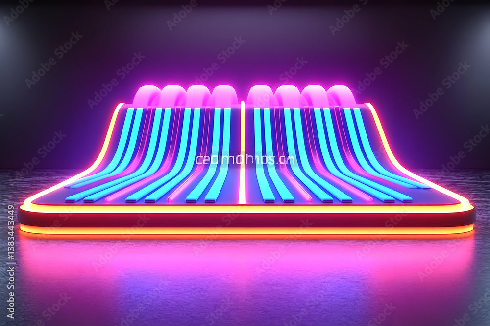 Poster abstract glowing neon platform with illuminated lines and curves design
