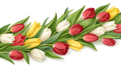 Obraz premium A vibrant floral border featuring a mix of red, yellow, and white tulip flowers, elegantly arranged with their lush green leaves.