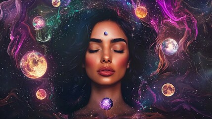 A woman is illustrated in a mindfulness pose surrounded by Art Nouveau tarot elements