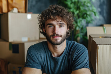 Fototapeta premium Man with curly hair and beard sitting among boxes in cluttered room.