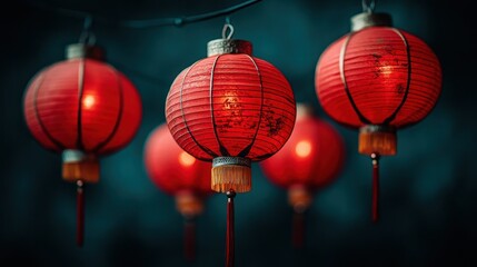 Illuminated red lanterns hanging outdoors at night