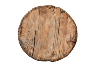 Rustic wooden slice isolated on white. Wood texture background. Top view of a round wooden cutting board.