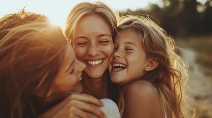 Fototapeta premium Happy family hugging and smiling outdoors at sunset