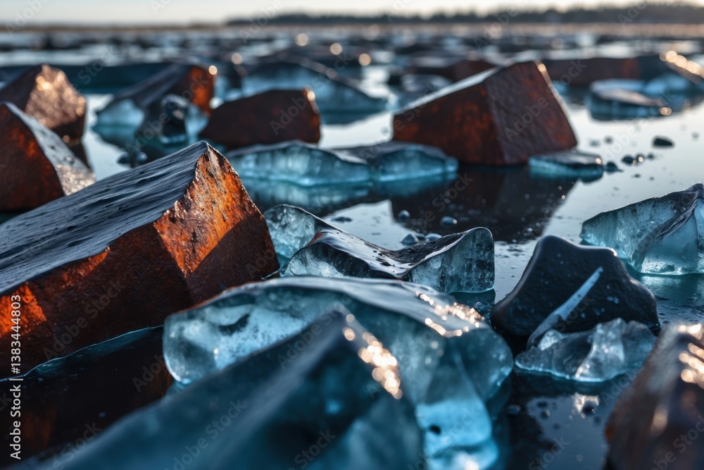 Poster close-up view of fragmented ice with sharp edges reflecting sunlight over a frozen landscape