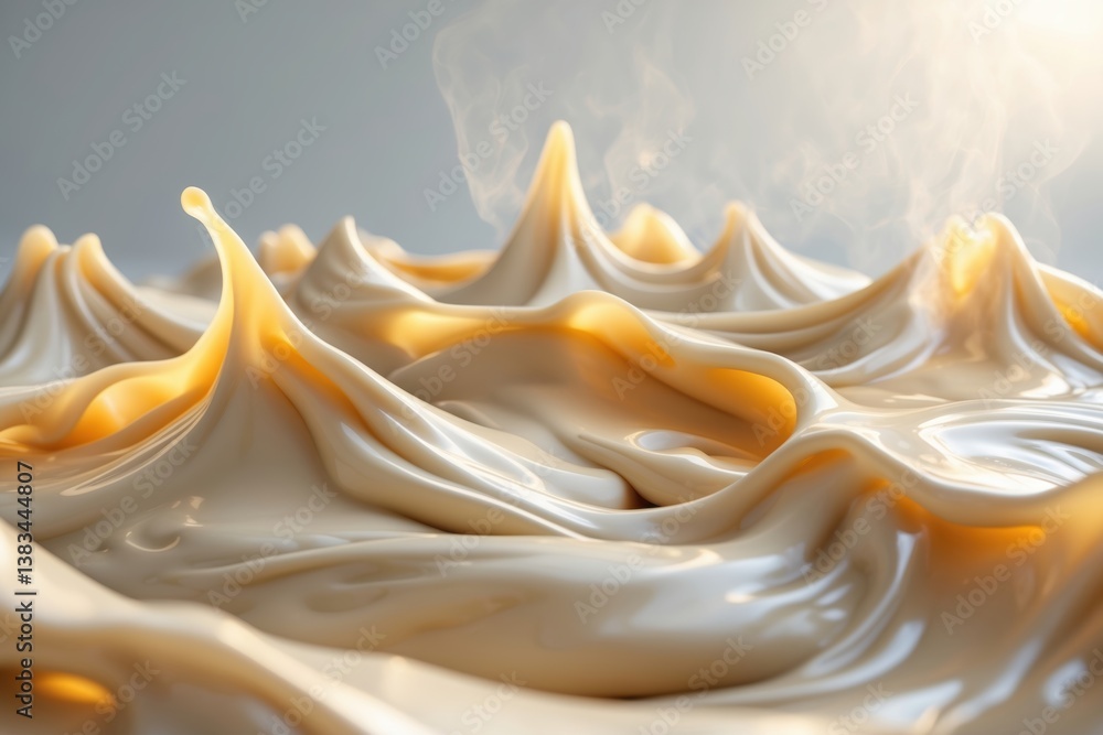 Poster a close-up view of smooth, creamy texture with soft peaks and steam rising in a warm light backdrop