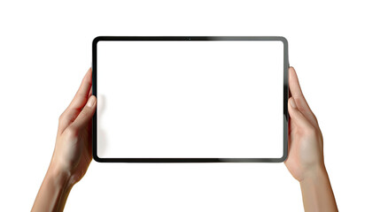 Tablet in Hands: a person holding a digital tablet device with a blank screen, perfect for displaying content or presentations.
