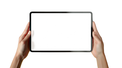 Tablet in Hands: a person holding a digital tablet device with a blank screen, perfect for displaying content or presentations.