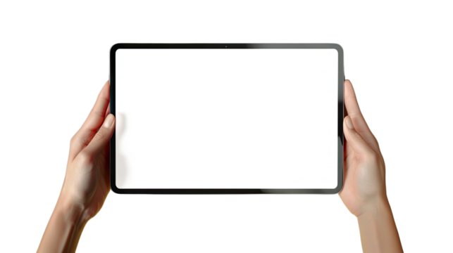 Tablet in Hands: a person holding a digital tablet device with a blank screen, perfect for displaying content or presentations.