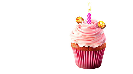 Sweet Birthday Treat: A delicious cupcake with vibrant pink frosting, a lit candle, and charming decorations, capturing the essence of celebration and joy.
