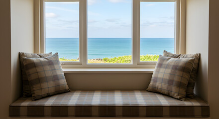 Fototapeta premium Cozy Window Seat With Plaid Cushions Overlooking Ocean View And Blue Skies