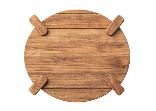 Wooden sign board. Oval shape with four wooden supports. Isolated on transparent background. Rustic style. Top view.