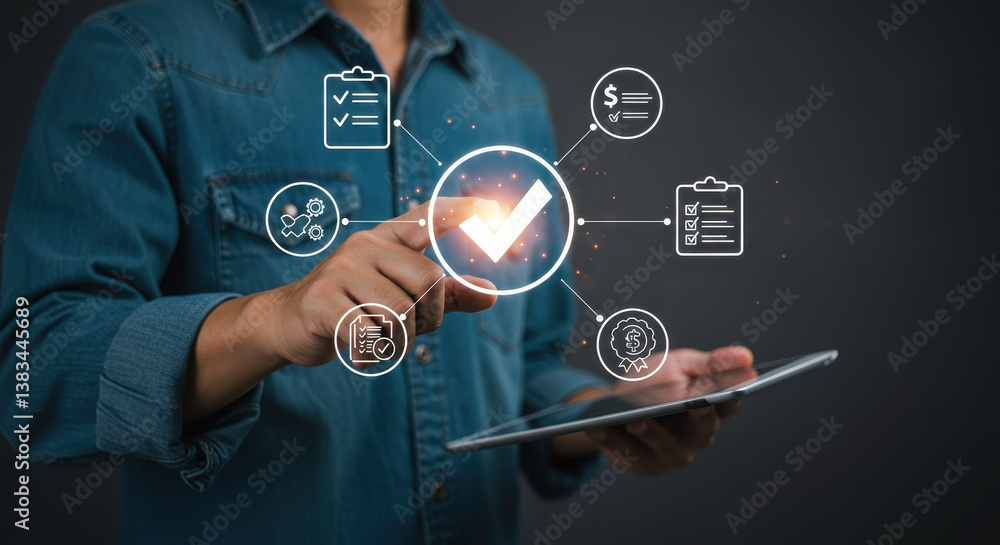 Poster digital verification: man with tablet taps checkmark. business processes, compliance, and productivi