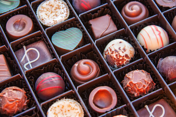box of gourmet Various fine Belgian Chocolates, assortment of dark and milk chocolate