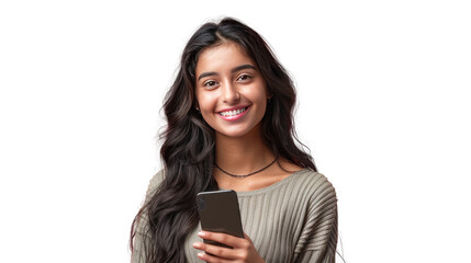Radiant Connection: A young woman, framed from the waist up, holds a sleek smartphone, her face alight with a warm, inviting smile that conveys engagement and joy.